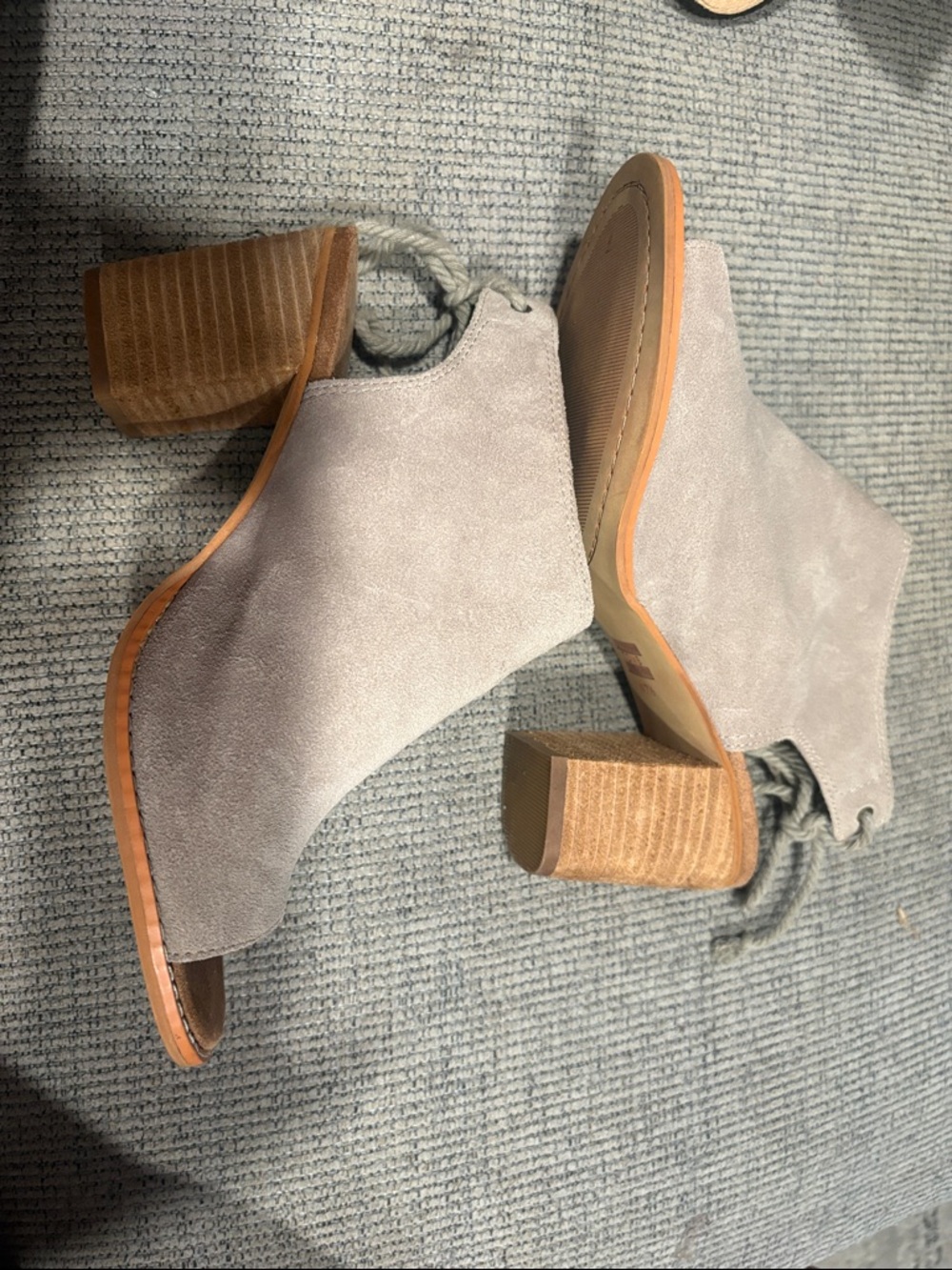 TOMS Gray Suede Peep-Toe Lace-Back Wedge Mules - Picture 2 of 4